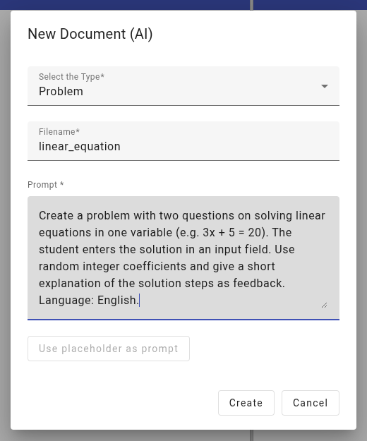 New Document (AI) dialog